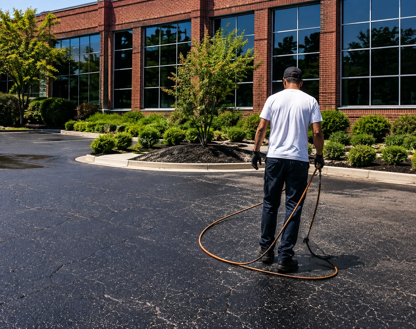 Worker applying sealcoat